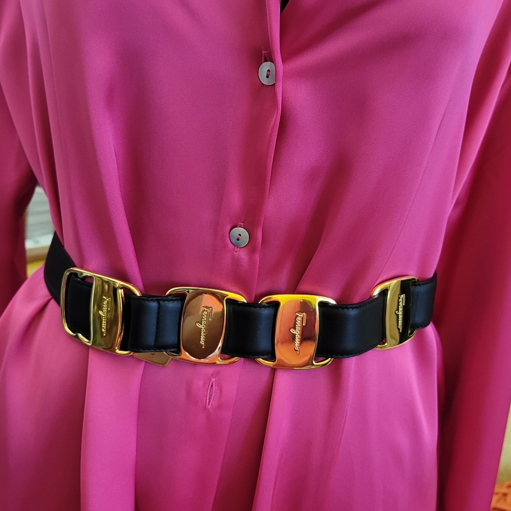 Vintage Salvatore Ferragamo Black Leather Belt in Gold Hardware